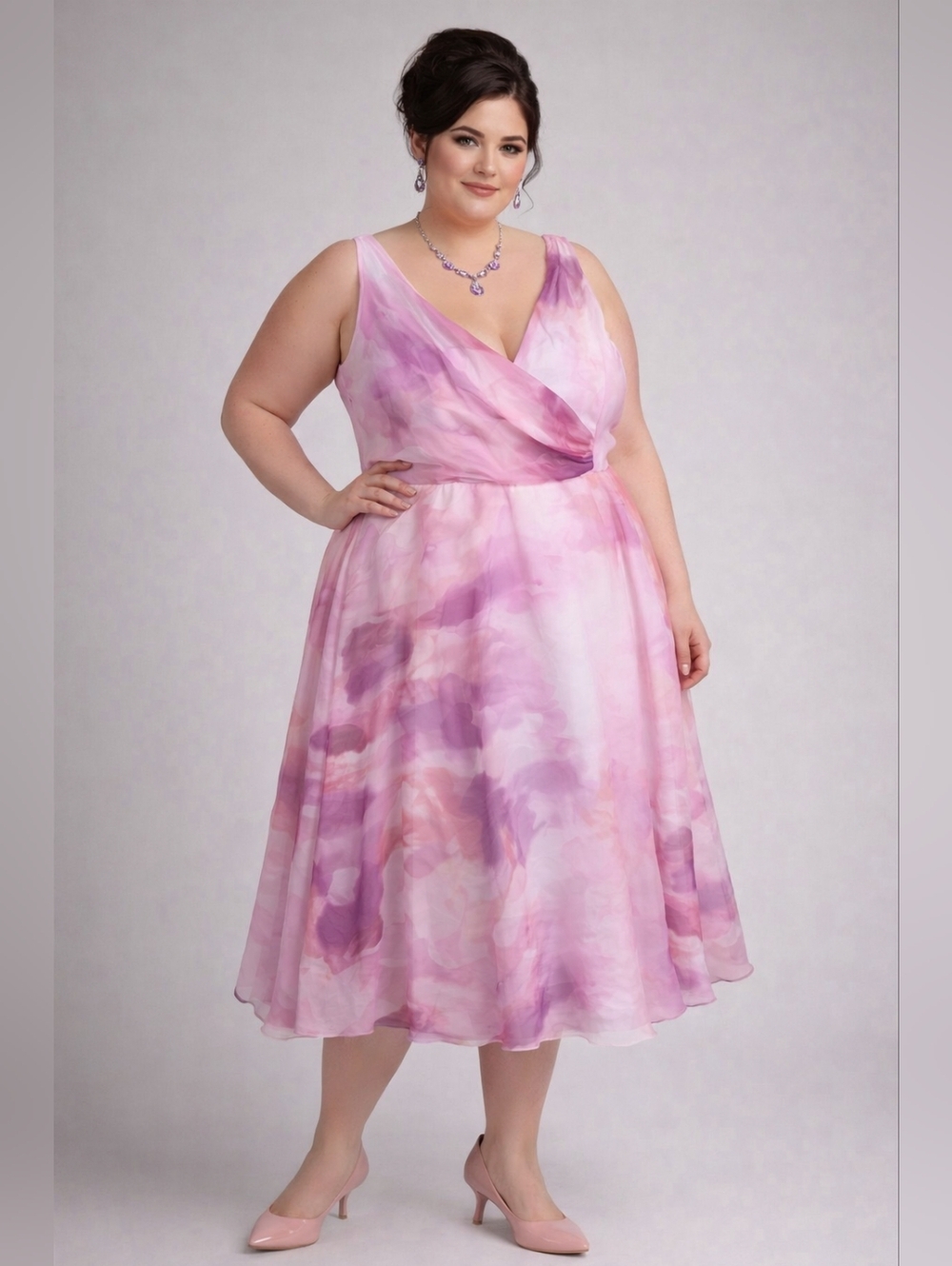 Boutique Plus Size 2X Pink Watercolor Midi Dress | Romantic Flowy A-Line Wedding